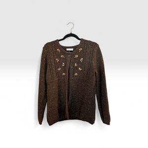 Northern Reflections Speckled Knit Cardigan w/ Floral Motif • Small